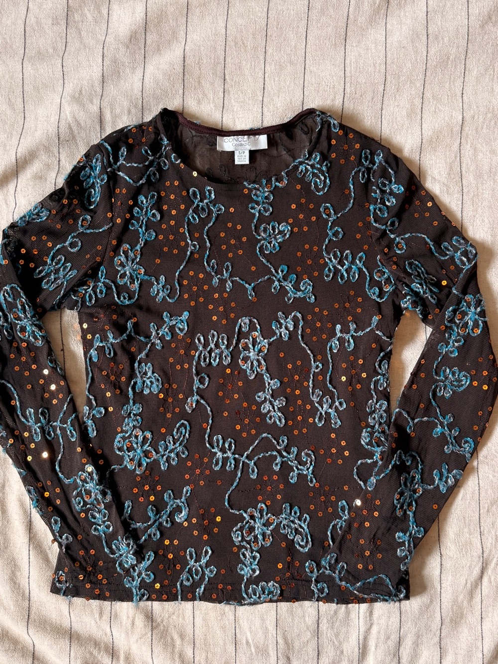 Brown Western Y2K Long-Sleeve Embellished Top with Teal Floral Threading